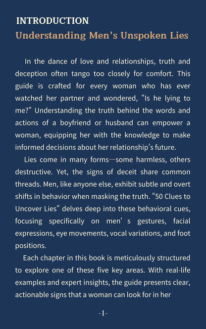 50 Clues to Uncover Lies. A Woman's Guide to Reading Her Man.-Dark Mode(213 pages)